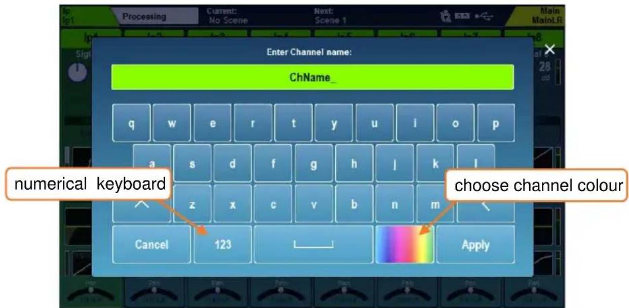 Enter Channel name: ChName_ q w e r t y u i o p a s d f g h j k l z x c v b n m numerical keyboard choose channel colour Cancel 123 Apply