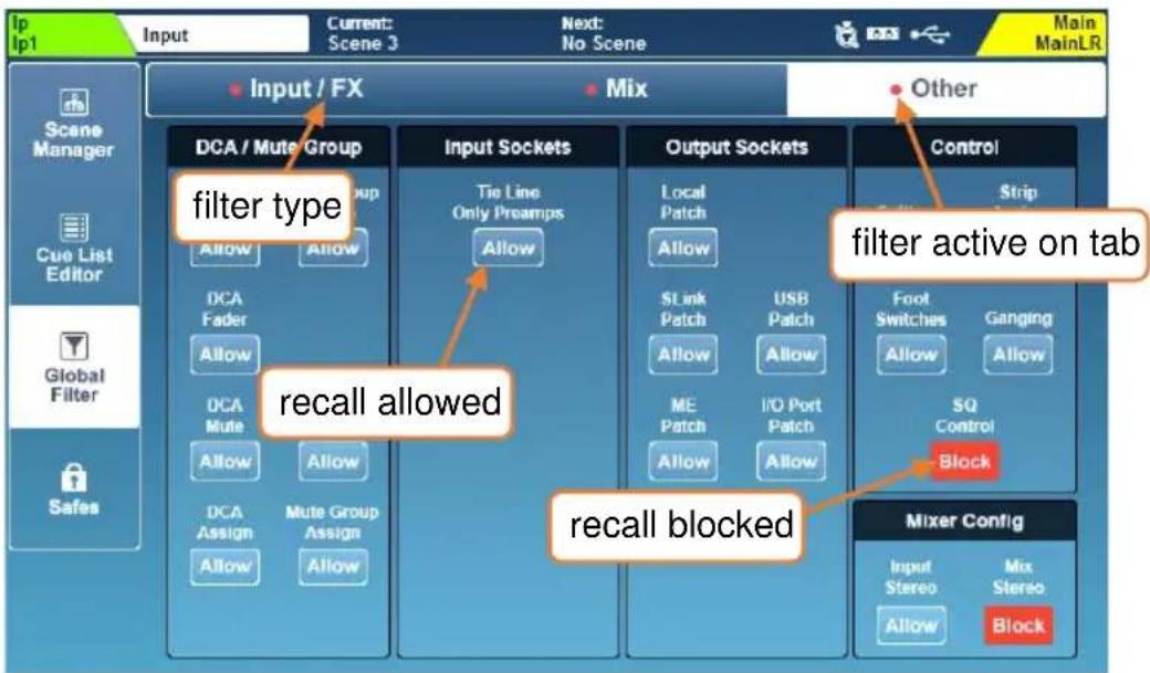 Input / FX Mix Other DCA / Mute Group Input Sockets Output Sockets Control filter type Tie Line Only Preamps Local Patch Allow STink Patch USB Patch Allow Foot Switches Ganging Allow Allow SQ Control Block recall allowed recall blocked Mixer Config Input Stereo Mix Stereo Allow Block