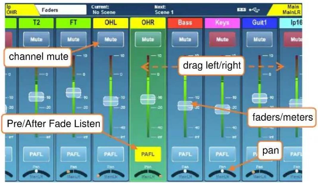 Ip OHR Faders Current: No Scene Next: Scene 1 Main MainLR T2 FT OHL OHR Bass Keys Guit1 Ip16 channel mute Mute Mute Mute Mute Mute drag left/right pre/After Fade Listen faders/meters PAFL Pan Pan PAFL Pan PAFL Pan PAFL Pan Pan pan PAFL Pan PAFL Pan PAFL Pan PAFL