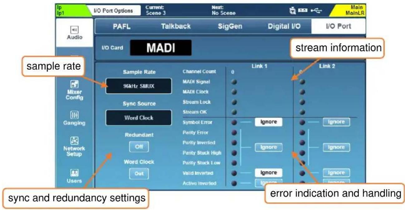 I/O Port Options Current: Scene 3 Next: No Scene Main MainLR PAFL Talkback SigGen Digital I/O I/O Port Audio MADI I/O Card stream information sample rate 96kHz SMUX Sync Source Word Clock Sample Rate Channel Count 0 Link 1 0 Link 2 Mixer Config Symbol Error Ignore Ganging Redundant Off Parity Error Ignore Word Clock Parity Inverted Parity Stuck High Ignore Out Parity Stuck Low Valid Inverted Ignore Active Inverted Ignore Inters Inters Inters Inters Sync and redundancy settings error indication and handling