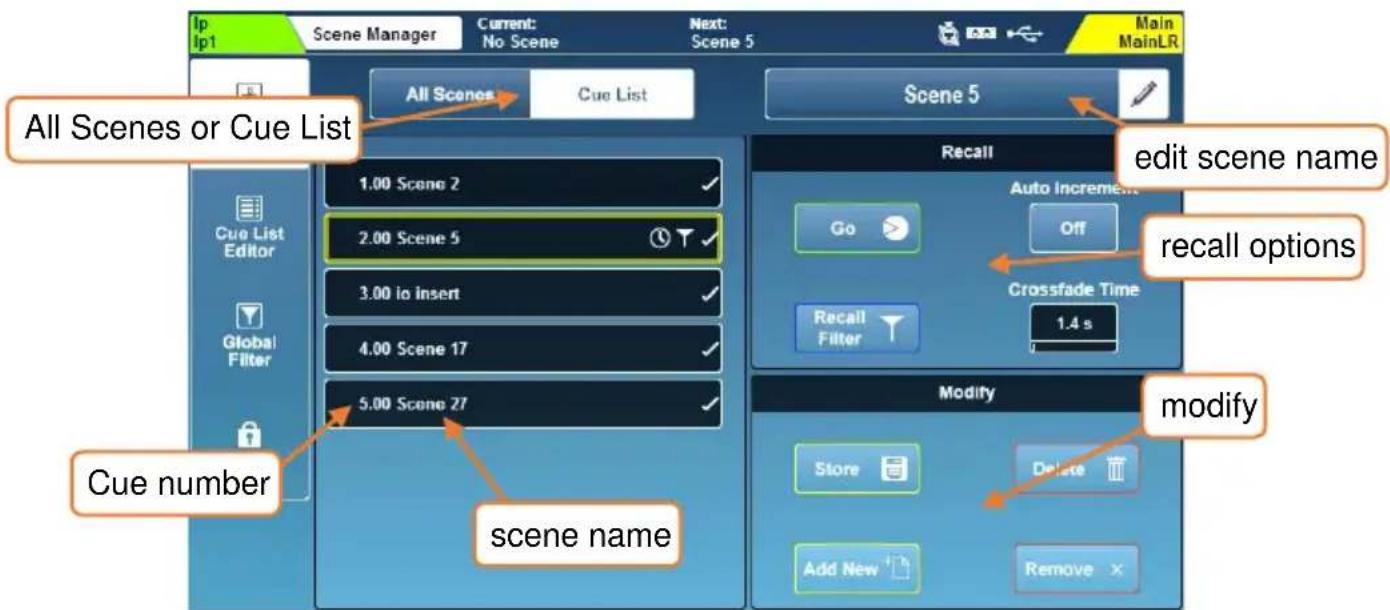 All Scenes or Cue List 1.00 Scene 2 2.00 Scene 5 3.00 io insert 4.00 Scene 17 5.00 Scene 27 Cue number Scene name All Scenes or Cue List Scene 5 Edit scene name Auto Increment Crossfade Time 1.4 s Modify Store Delete Add New Remove