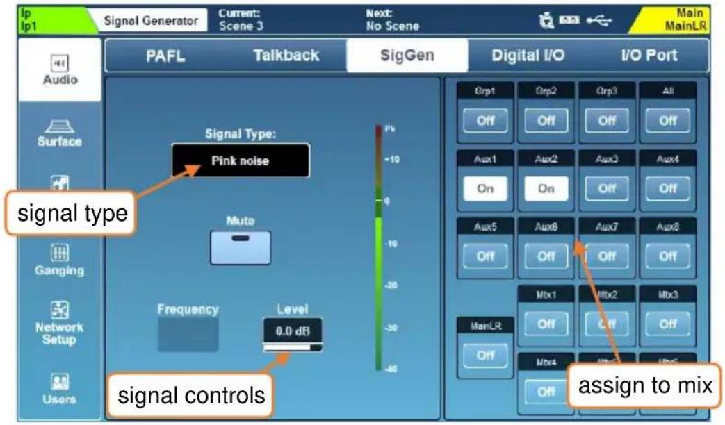 Ip Ip1 Signal Generator Current: Scene 3 Next: No Scene Main MainLR PAFL Talkback SigGen Digital I/O I/O Port Audio Surface Ganging Network Setup Users Signal type Pink noise Mute Frequency Level 0.0 dB signal controls Pk -10 0 -10 -20 -30 -40 Grpt Grpt2 Grpt3 All Off Off Off Aux1 Aux2 Aux3 Aux4 On On Off Aux5 Aux6 Aux7 Aux8 Off Off Off Mtx1 Mtx2 Mtx3 MainLR Off Off Mtx4 Mtx5 Mtx6 Off Off assign to mix