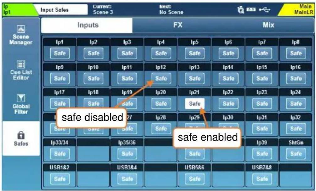 Input Safes Current: Scene 3 Next: No Scene Main MainLR Inputs FX Mix Scene Manager Cue List Editor Global Filter Safes Ip1 Ip2 Ip3 Ip4 Ip5 Ip6 Ip7 Ip8 Safe Safe Safe Safe Safe Safe Safe Ip9 Ip10 Ip11 Ip12 Ip13 Ip14 Ip15 Ip16 Safe Safe Safe Safe Safe Ip17 Ip18 Ip19 Ip20 Ip21 Ip22 Ip23 Ip24 Safe Safe Safe Safe Safe IP33/34 Ip35/36 safe enabled Ip39 ShtGn Safe Safe Safe USB1&2 USB3&4 USB5&6 USB7&8 Safe