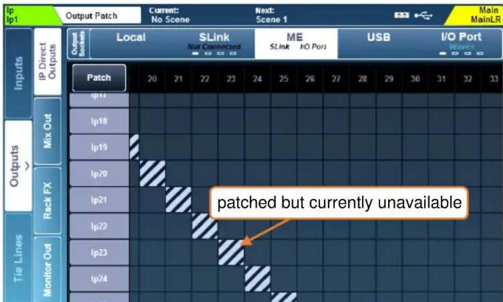 Ip Ip1 Output Patch Current: No Scene Next: Scene 1 Main MainLR Local SLink ME USB I/O Port Waves Inputs IP Direct Outputs Output Sockets Not Connected 0 0 0 Patch 20 21 22 23 24 25 26 27 28 29 30 31 32 33 ip14 ip18 ip19 ip20 ip21 ip22 ip23 ip24 tpatched but currently unavailable Mix Out Rack FX Monitor Out
