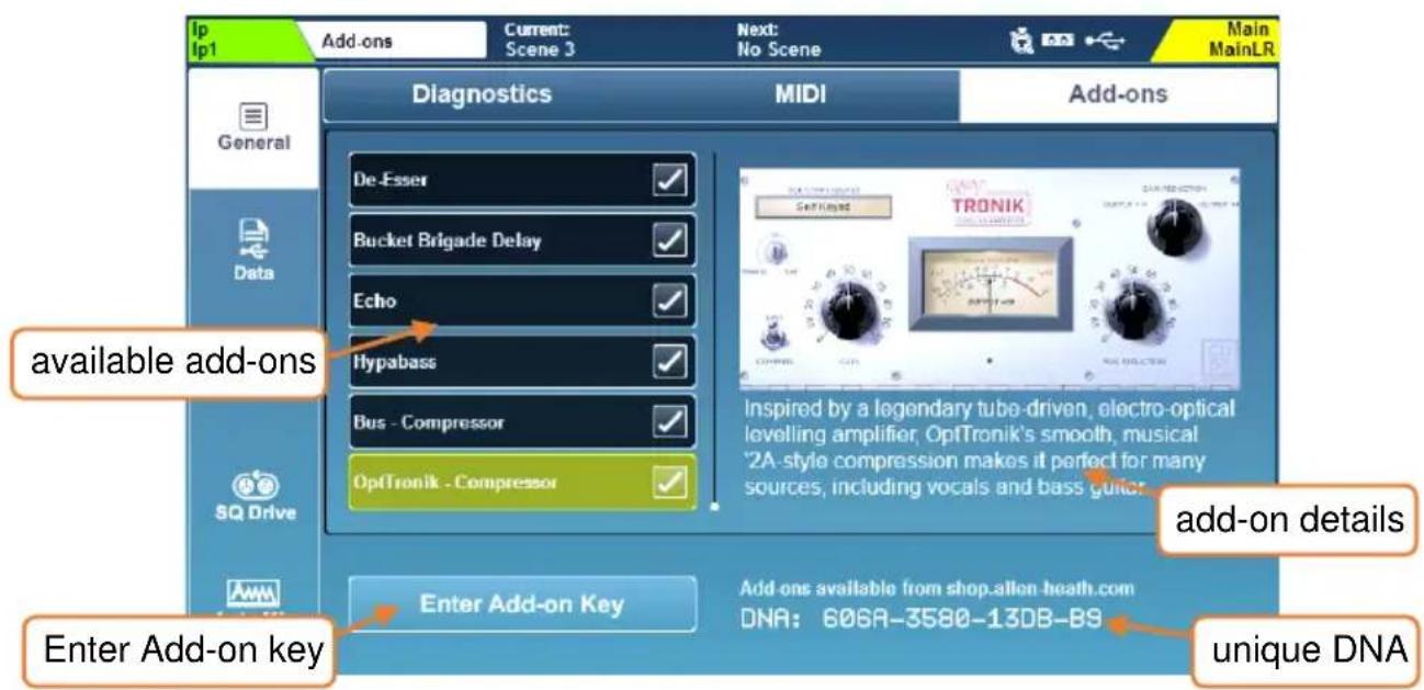 Ip Ip1 Add-ons Current: Scene 3 Next: No Scene Main MainLR Diagnostics MIDI Add-ons General Data available add-ons Sq Drive Enter Add-on key Enter Add-on Key Add-ons available from shop.allon-heath.com DNA: 606A-3580-13DB-B9 add-on details unique DNA