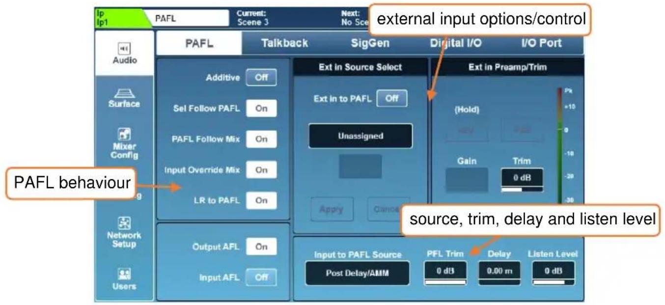 IP Ip1 PAFL Current: Scene 3 Next: No Scene external input options/control Audio PAFL Talkback SigGen Digital I/O I/O Port Additive Off Ext in Source Select Ext in to PAFL Off Unassigned Ext in Preamp/Trim (Hold) Gain Trim 0 dB Apply Cancel PAFL behaviour Sel Follow PAFL On Source, trim, delay and listen level Mixer Config Input Override Mix On Output AFL On Input AFL Off Input to PAFL Source PFL Trim Delay Listen Level Post Delay/AMM 0 dB 0.00 m 0 dB