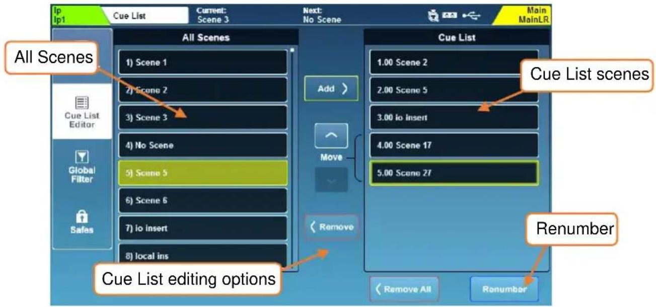 All Scenes Cue List Current: Scene 3 Next: No Scene Main MainLR All Scenes 1) Scene 1 2) Scene 2 3) Scene 3 4) No Scene 5) Scene 5 6) Scene 6 7) Io insert 8) local ins Add > Move Remove Cue List 1.00 Scene 2 2.00 Scene 5 3.00 Io insert 4.00 Scene 17 5.00 Scene 27 Cue List scenes Renumber Cue List editing options Remove All Renumber