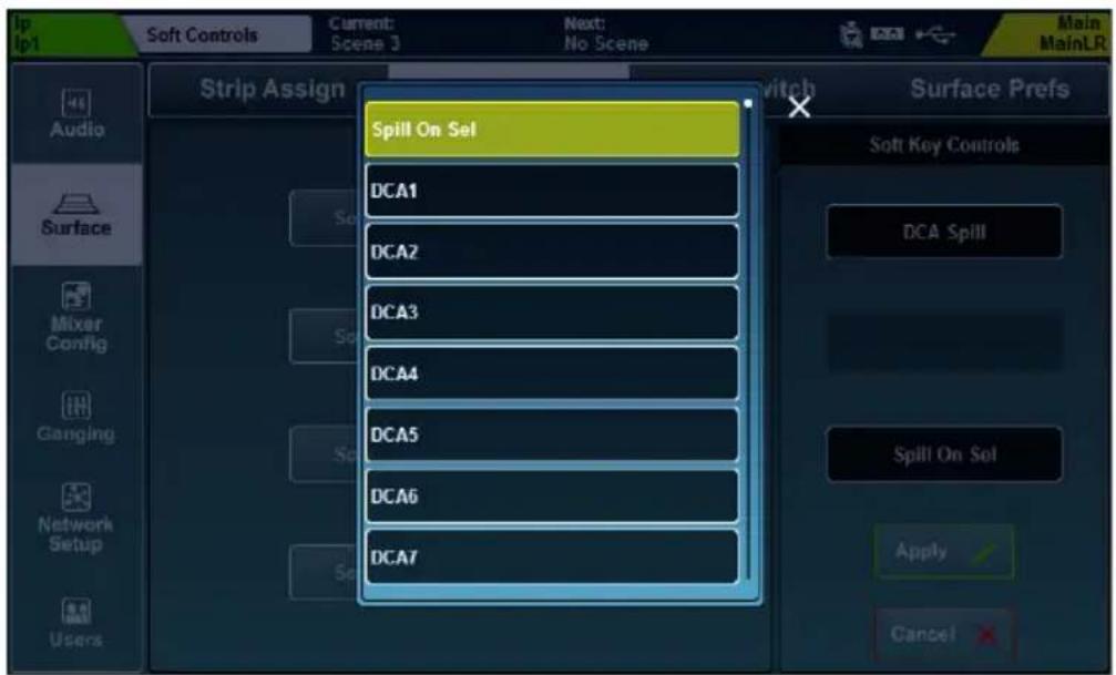 Up Ip-1 Soft Controls Current: Scene 3 Next: No Scene Main MainLR Strip Assign Switch Surface Prefs Audio Surface Mixer Config Ganging Network Setup Users Spill On Sel DCA1 DCA2 DCA3 DCA4 DCA5 DCA6 DCA7 Soft Key Controls DCA Spill Spill On Sel Apply Cancel
