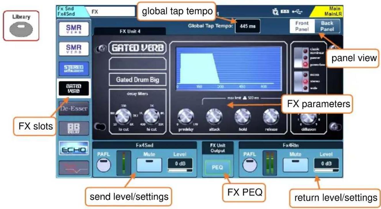 Library FX Snd Fx4Snd FX global tap tempo 1 Main MainLR SMR VERB FX Unit 4 Global Tap Tempo: 445 ms Front Panel Back Panel GATED VERB Gated Drum Big GATED VERB decay filters max limit 500 ms panel view FX parameters De-Esser DDAY FX slots echo Fx4Snd PAFL Mute Level: 0 dB FX Unit Output PEQ FX PEQ send level/settings FX PEQ return level/settings