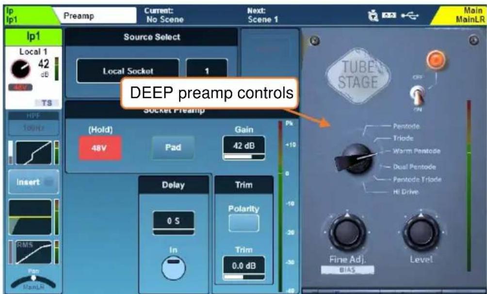 Ip Ip1 Preamp Current: No Scene Next: Scene 1 Ip1 Local 1 42 dB Local Socket 1 TS HDF 100Hz Socket Preamp (Hold) 48V Pad Gain 42 dB Delay 0.5 In Trim Polarity Trim 0.0 dB DEEP preamp controls TUBE STAGE OFF Pentode Triode Warm Pentode Dual Pentode Pentode Triode Hi Drive Fine Adj. BIAS Level