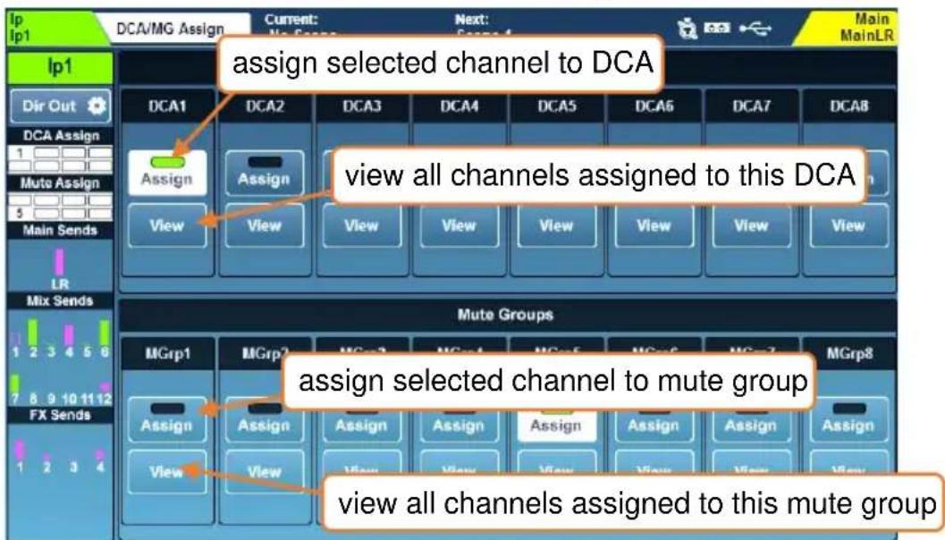 assign selected channel to DCA view all channels assigned to this DCA assign selected channel to mute group view all channels assigned to this mute group