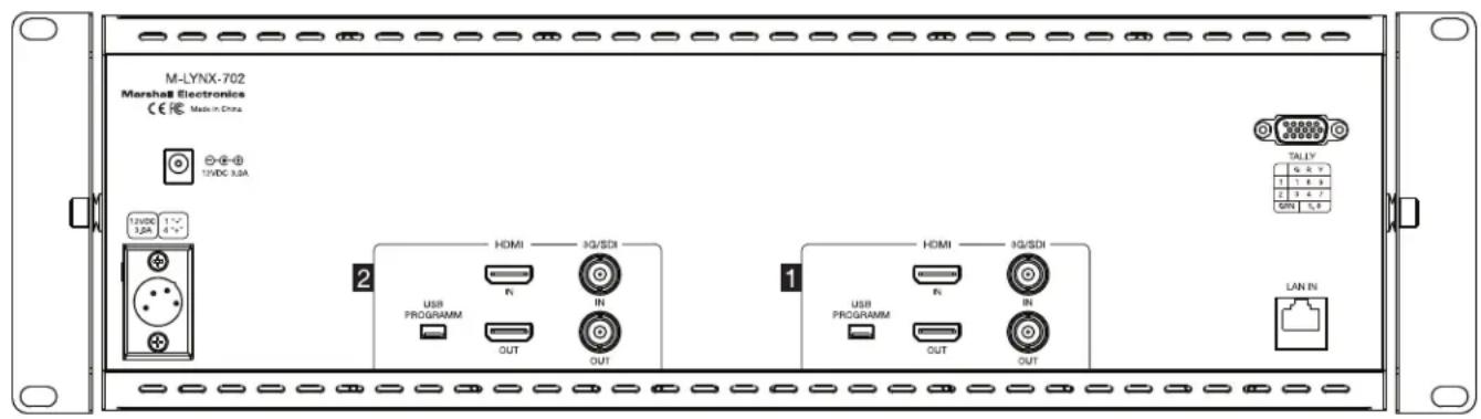 M-LYNX-702 Marshall Electronics CE® Made-in China 13/DC 3.5A TALY G 2 7 1 1 6 3 2 3 4 7 OUT HDMI 3G/SDI 2 USB PROGRAMM IN OUT HDMI 3G/SDI 1 USB PROGRAMM IN OUT HDMI 3G/SDI 1 LAN IN