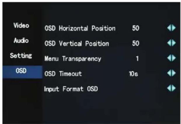 Video Audio Setting OSD OSD Horizontal Position 50 OSD Vertical Position 50 Menu Transparency 1 OSD Timeout 10s Input Format OSD