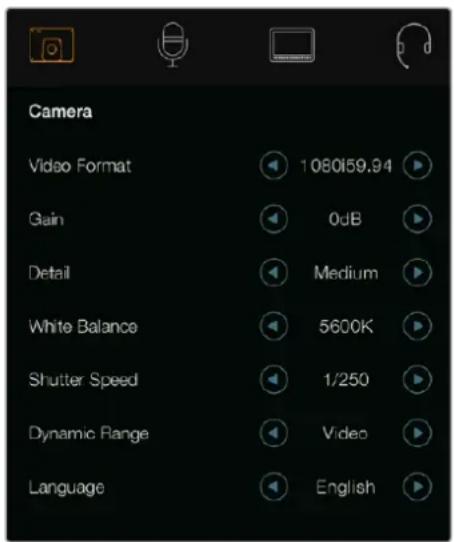 Camera Video Format 1080159.94 Gain 0dB Detail Medium White Balance 5600K Shutter Speed 1/250 Dynamic Range Video Language English