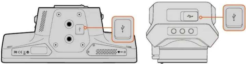 Technical diagram showing two views of a device with labeled buttons and ports, including a highlighted 'USB' button.