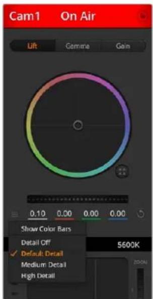 Cam1 On Air Lift Gamma Gain 0.10 0.00 0.00 0.00 Show Color Bars Detail Off ✓ Default: Detail Medium: Detail High: Detail 5600K
