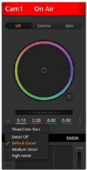 Cam1 On Air UR Gamma Gain 0.10 0.00 0.00 0.00 Show Color Bars Detail Off ✓ Default Detail Medium Detail High Detail 5600K