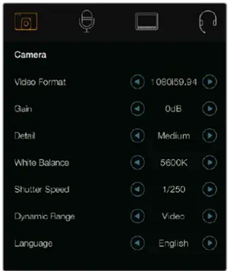Camera Video Format 1080159.94 Gain 0dB Detail Medium White Balance 5600K Shutter Speed 1/250 Dynamic Range Video Language English