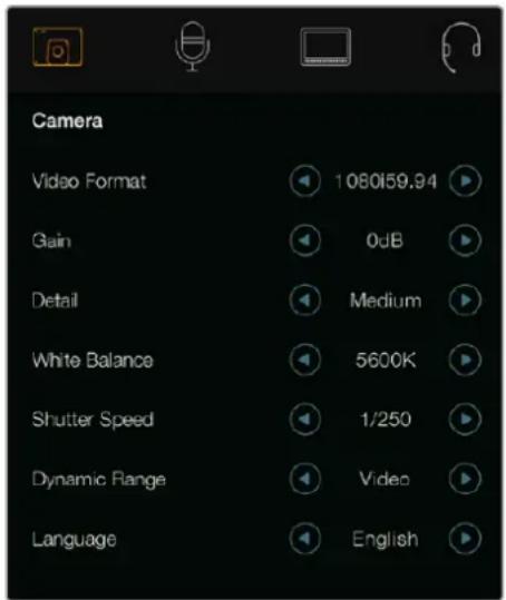 Camera Video Format 1080159.94 Gain 0dB Detail Medium White Balance 5600K Shutter Speed 1/250 Dynamic Range Video Language English