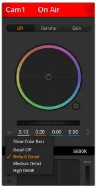 Cam1 On Air Lift Gamma Gain 0.10 0.00 0.00 0.00 Show Color Bars Detail Off ✓ Default Detail Medium Detail High Detail 5600K