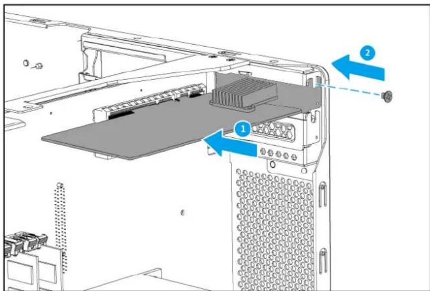 Technical diagram of a computer tower internal structure with labeled components and directional arrows indicating movement or assembly.