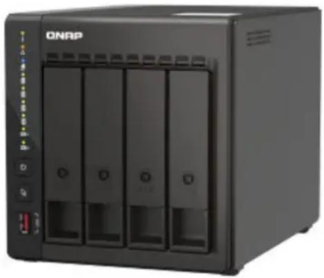 Exterior view of a black QNAP server with four ports and control buttons (no visible text or symbols on the device body)