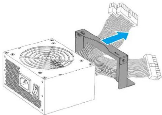 Diagram of a computer power adapter with cable routing and fan assembly (no text or symbols)