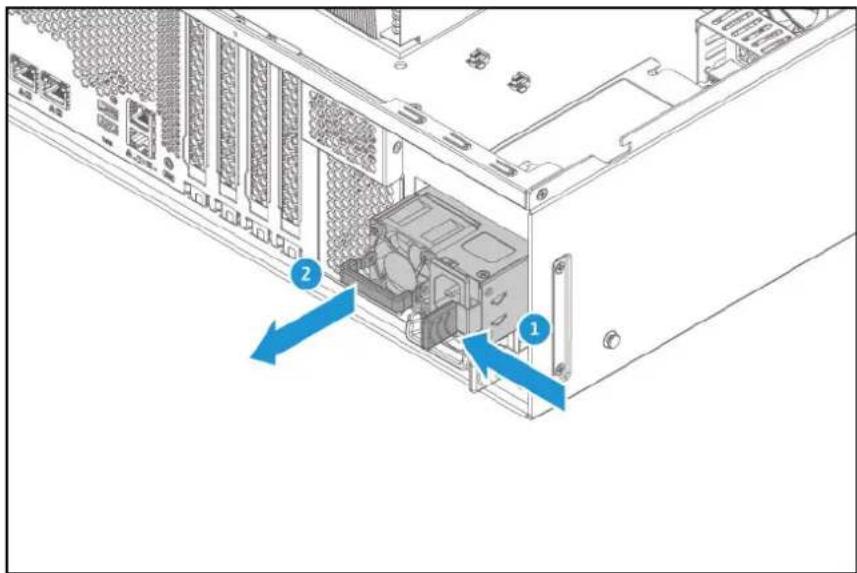 Technical diagram of a server rack with labeled components and directional arrows indicating assembly or movement.