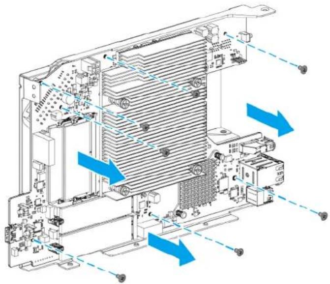 Technical diagram of an internal computer motherboard with blue arrows indicating directional components (no text or labels present)