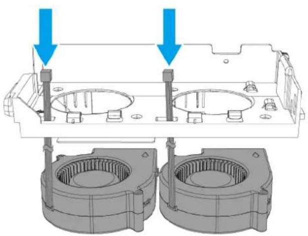 Technical diagram of a mechanical assembly with two circular components and blue arrows indicating force or movement (no text or symbols present)