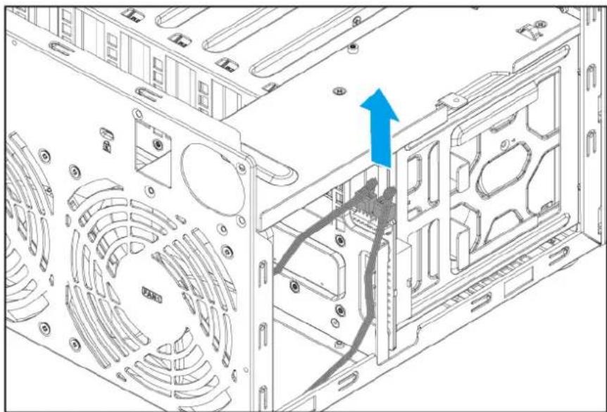 Technical line drawing of a computer tower case with ventilation slots and a blue arrow indicating a cable or connection (no text or symbols present)