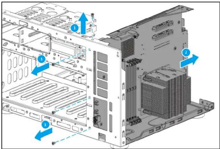 Technical diagram of a server rack with labeled components and directional arrows indicating assembly or movement.