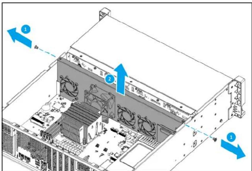 Technical diagram of an internal server rack with labeled components and directional arrows indicating flow or movement.