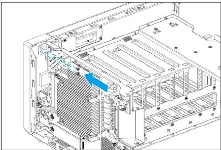 Technical diagram of a computer tower internal structure showing heat exchangers and drive rails (no text or labels)