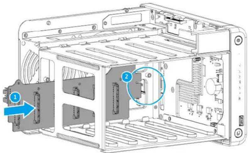 Technical diagram of an internal computer case with labeled components and a blue arrow indicating component 1.