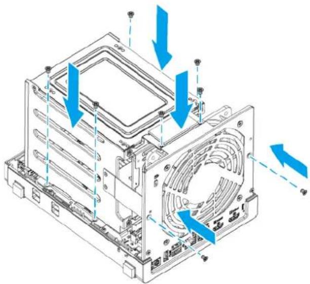 Technical diagram of a computer tower with visible fan and ventilation slots, showing blue arrows indicating movement or force (no text or symbols present)