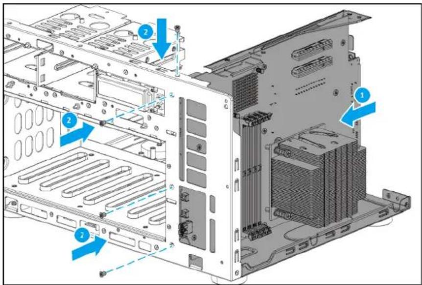 Technical diagram of a server rack with labeled components and directional arrows indicating assembly or movement.