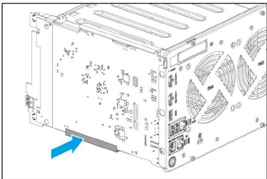 Technical line drawing of an internal computer drive casing with ventilation slots and a blue arrow indicating a component (no text or symbols present)