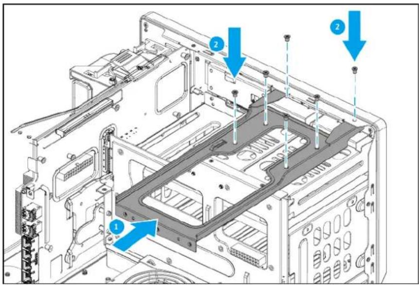 Technical diagram of a computer tower internal structure with labeled components and directional arrows indicating assembly or movement.