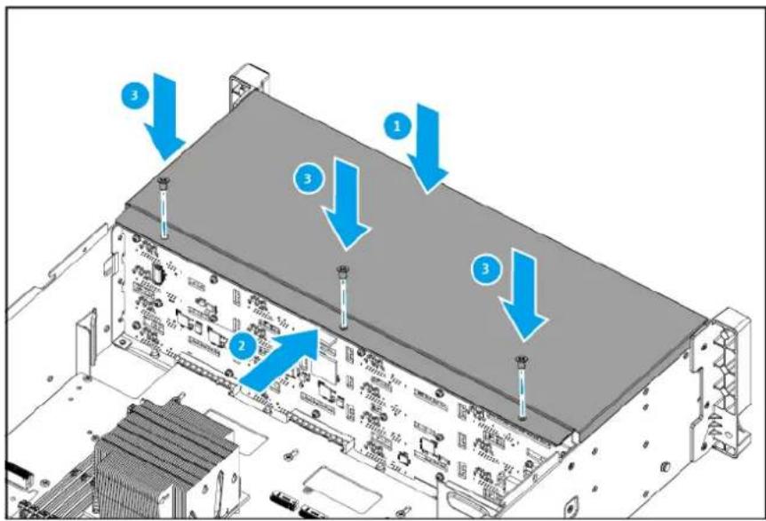 Diagram of a server rack with labeled components and blue arrows indicating directional flow or movement.