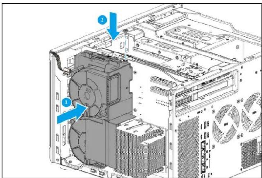 Technical diagram of a computer tower internal structure with labeled components and directional arrows indicating assembly or movement.