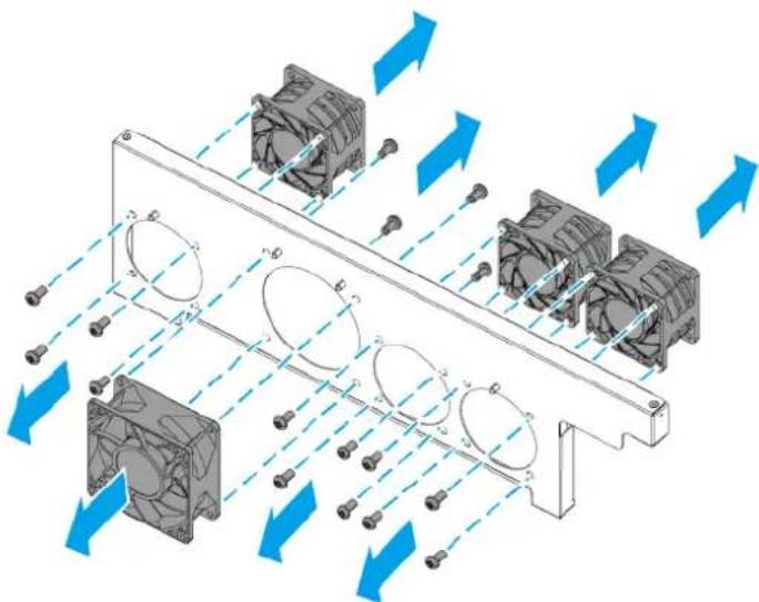 Technical diagram of a multi-chamber HVAC fan assembly with airflow arrows indicating direction (no text or symbols present)