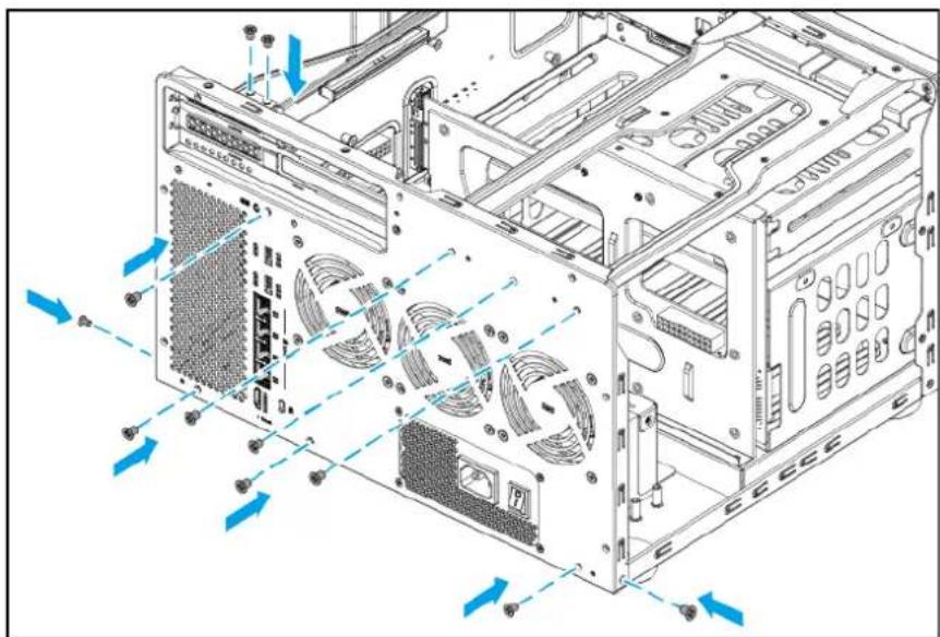 Technical diagram of a computer tower case with visible drive bays and ventilation slots (no text or labels)