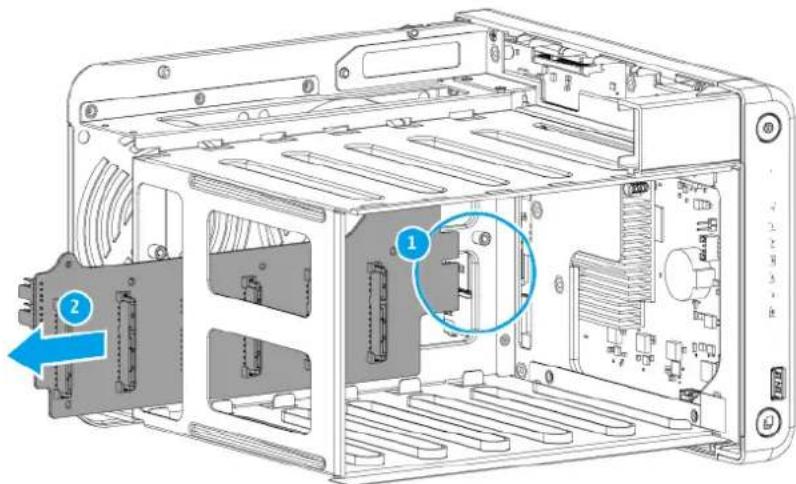 Technical diagram of a computer tower case with labeled components and directional arrows indicating movement or assembly.