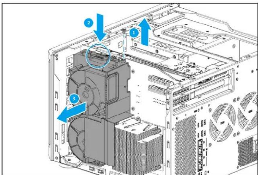 Technical diagram of a computer tower internal structure with numbered annotations indicating component locations