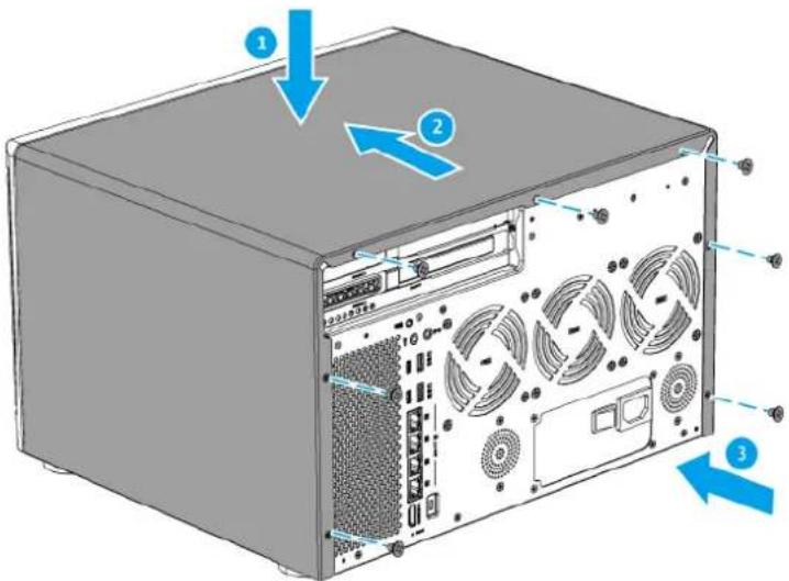 Diagram of a computer tower rear panel with labeled components and directional arrows indicating assembly or movement.