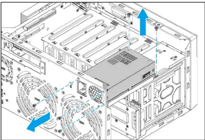 Technical diagram of an internal computer tower with ventilation ducts and drive bays, showing no text or symbols.