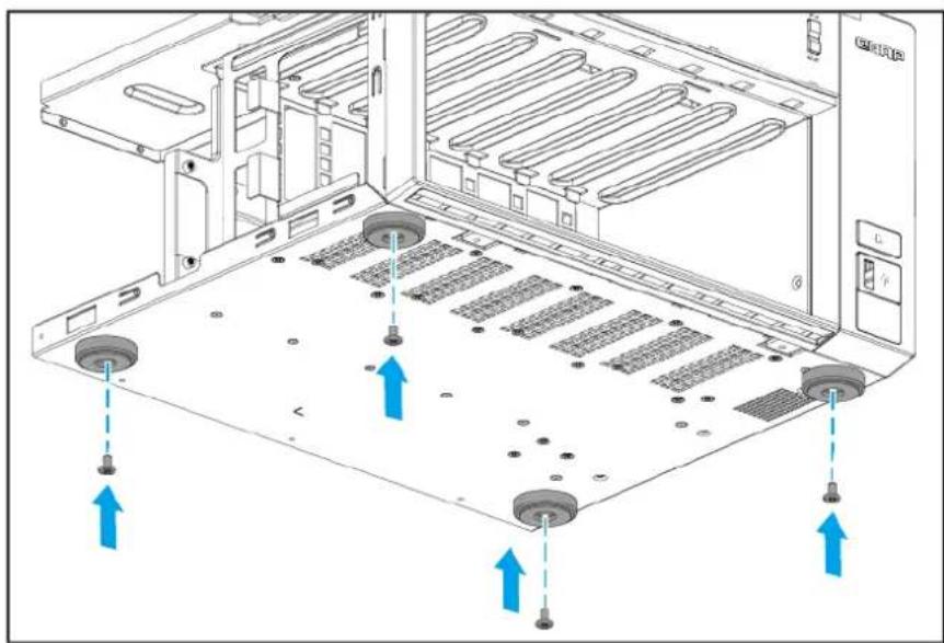 Diagram of a computer rack with cooling fans and drive bays, showing blue directional arrows indicating movement (no text or symbols present)
