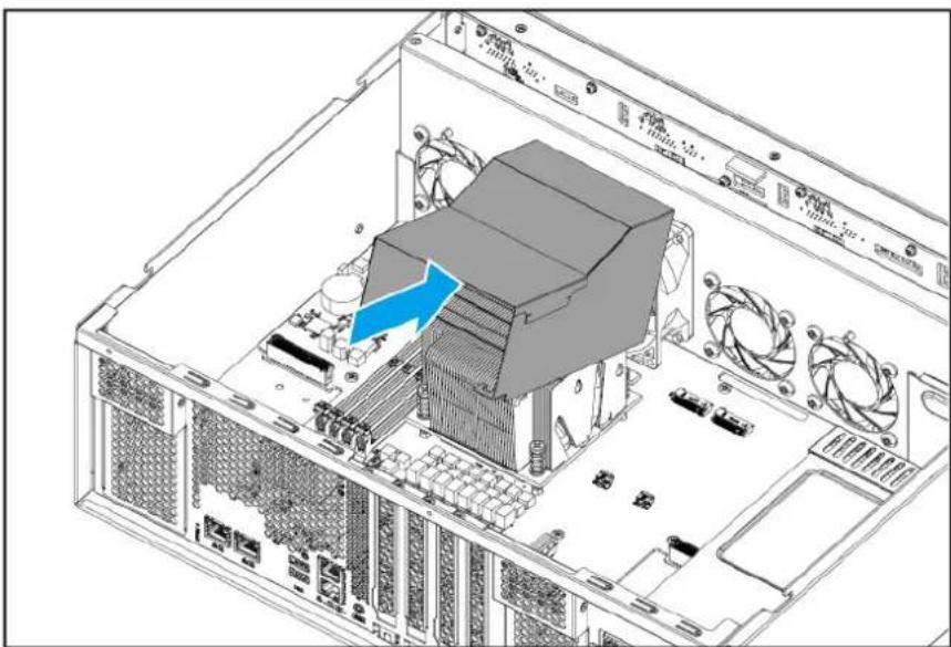 Interior view of a computer tower with CPU socket and fan array (no visible text or labels)