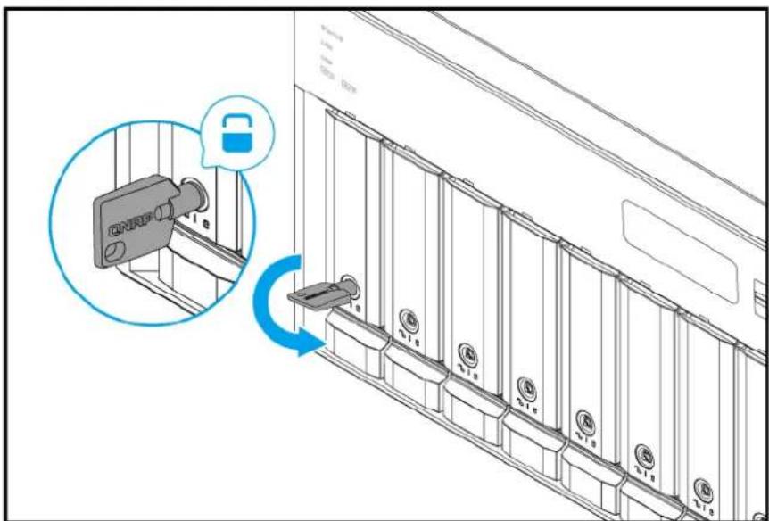 Diagram showing lock mechanism inside a server rack with labeled keys and a lock icon highlighting the lock mechanism.